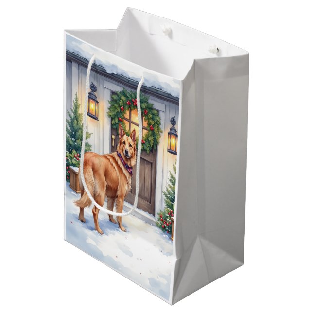 Watercolor Belgian Laekenois Farmhouse Christmas Medium Gift Bag (Front Angled)