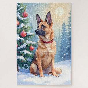 Watercolor Belgian Malinois Evergreen Christmas Jigsaw Puzzle
