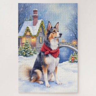 Watercolor Belgian Sheepdog Winter Christmas Jigsaw Puzzle