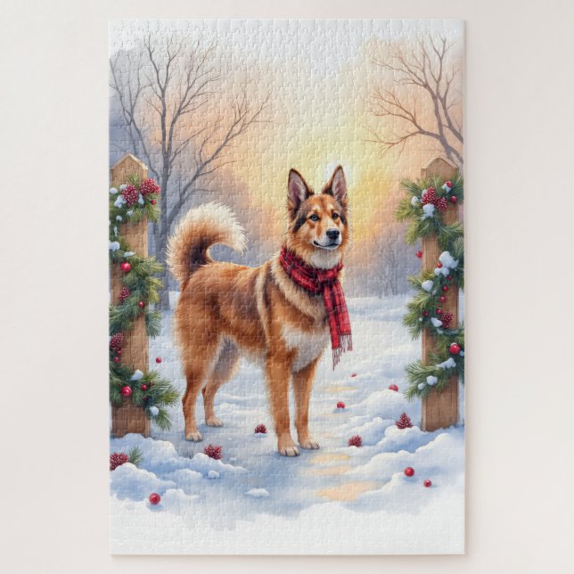 Watercolor Belgian Tervuren Garland Christmas Jigsaw Puzzle (Vertical)