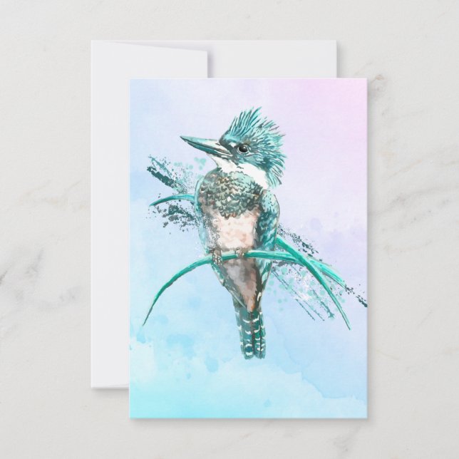 Watercolor Belted Kingfisher Bird Wildlife Art Thank You Card (Front)