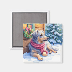 Watercolor Bergamasco Shepherd Cabin Christmas Magnet