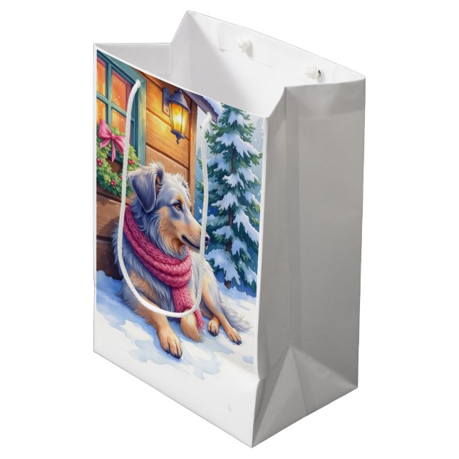 Watercolor Bergamasco Shepherd Cabin Christmas Medium Gift Bag (Front Angled)