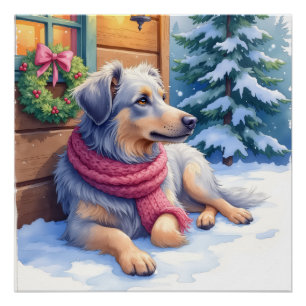 Watercolor Bergamasco Shepherd Cabin Christmas Poster