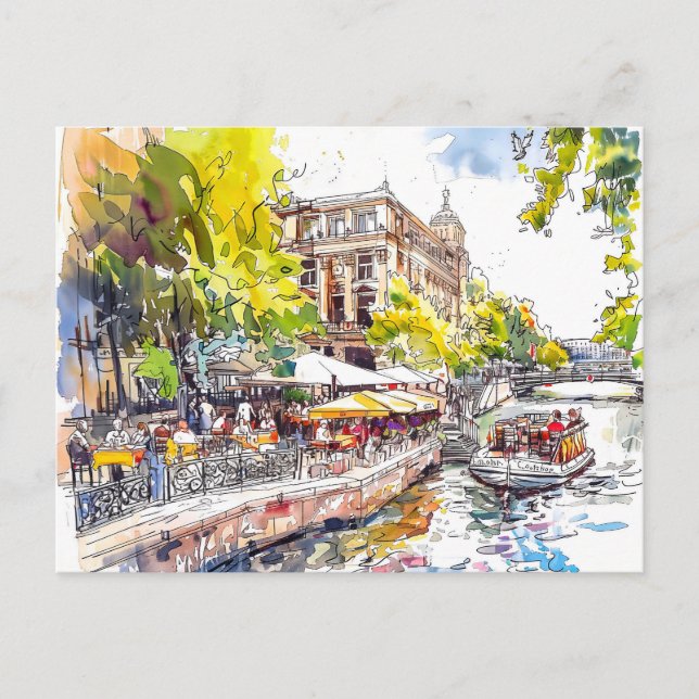 Watercolor Berlin Mitte Spree River Cafe Postcard (Front)