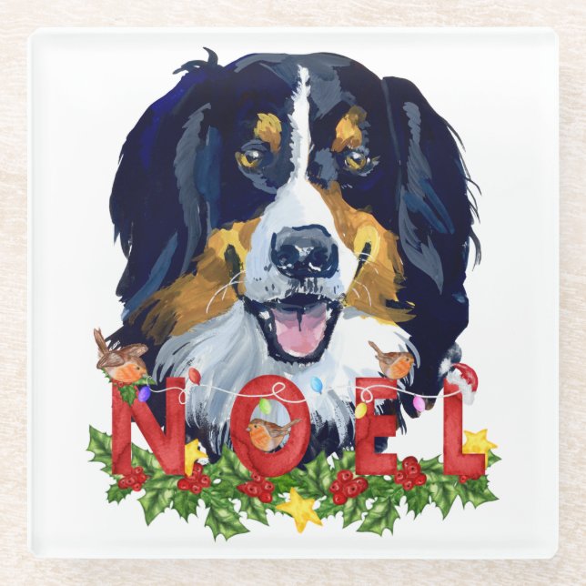 Watercolor Bernese Mountain Dog Christmas   Glass Coaster (Front)