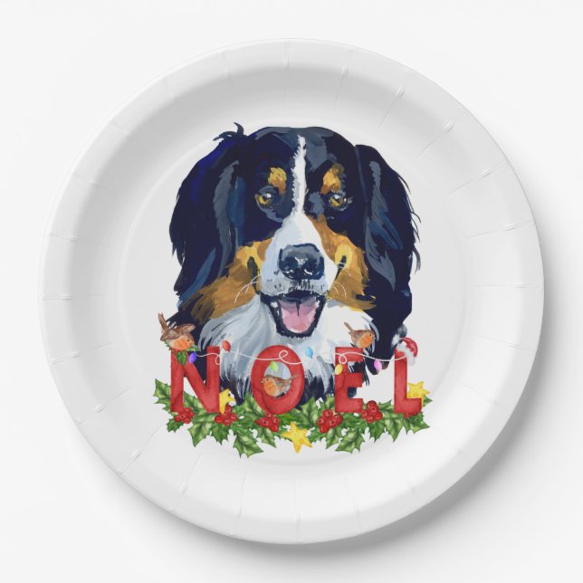 Watercolor Bernese Mountain Dog Christmas Paper Plate (Front)