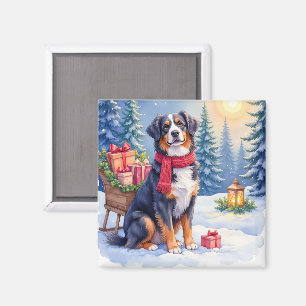 Watercolor Bernese Mountain Dog Sleigh Christmas Magnet