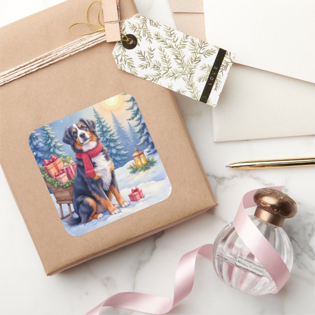Watercolor Bernese Mountain Dog Sleigh Christmas Square Sticker (Gifting)