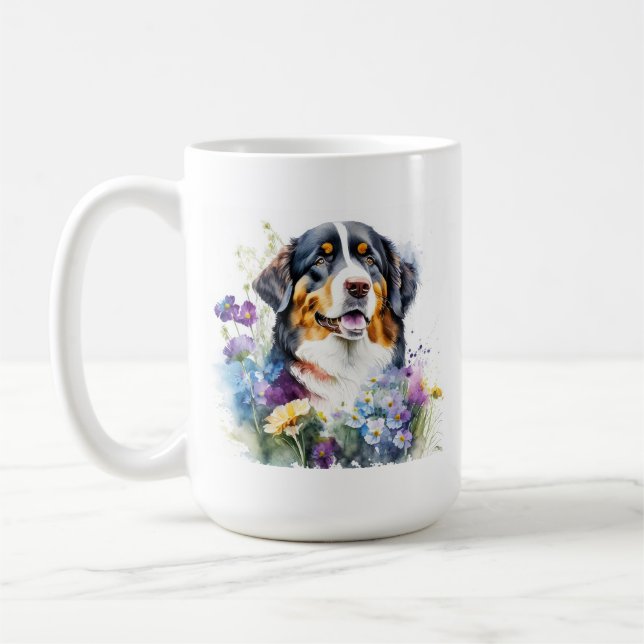 Watercolor Bernese Mountain Dog with Flowers Coffee Mug (Left)
