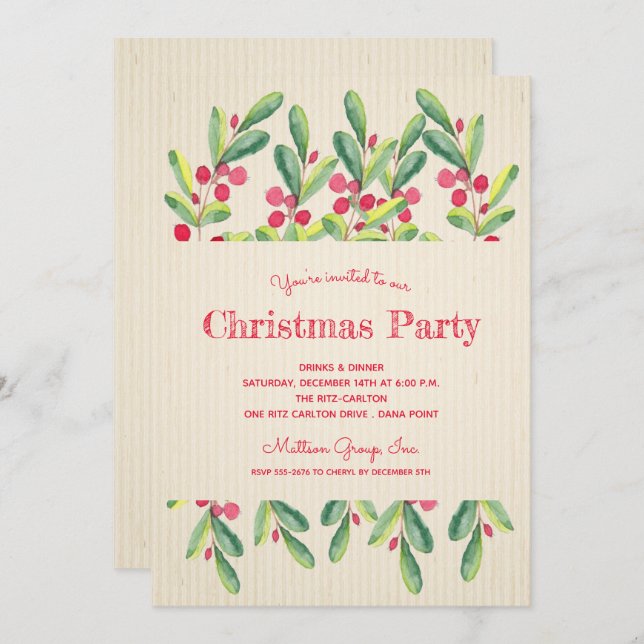 Watercolor Berries and Branches Christmas Invites (Front/Back)