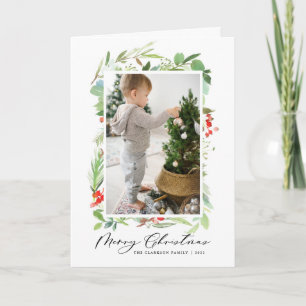 Watercolor Berries and Greenery Merry Christmas Holiday Card