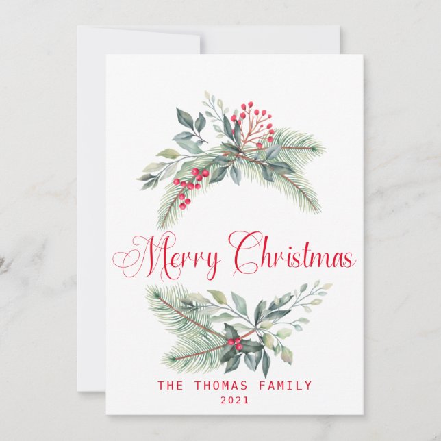 Watercolor Berries And Greenery Wreath Christmas Holiday Card (Front)
