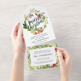 Watercolor Berries and Greenery Wreath Holiday All All In One Invitation
