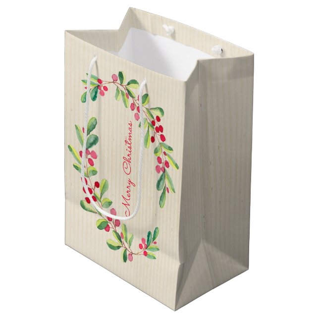 Watercolor Berries and Leaves Holiday Christmas Medium Gift Bag (Front Angled)