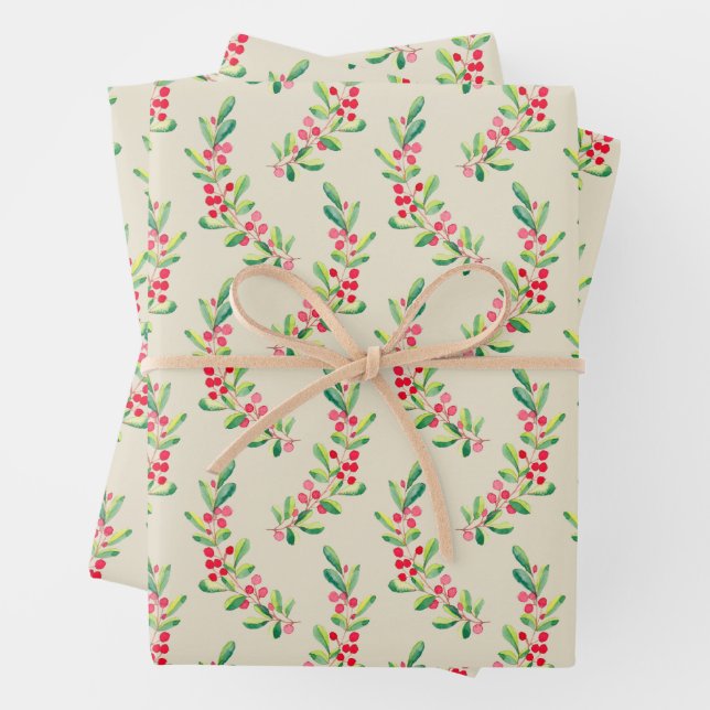 Watercolor Berries and Leaves Holiday Christmas Wrapping Paper Sheet (In situ)