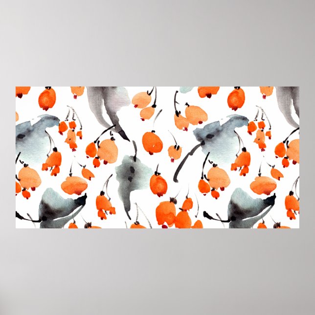 Watercolor berries and leaves illustration pattern poster (Front)