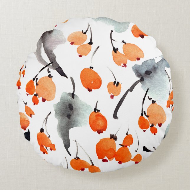 Watercolor berries and leaves illustration pattern round cushion (Front)