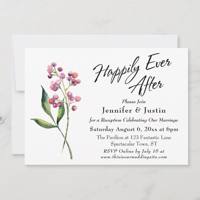 Watercolor Berries & Buds Happily Ever After Invitation (Front)