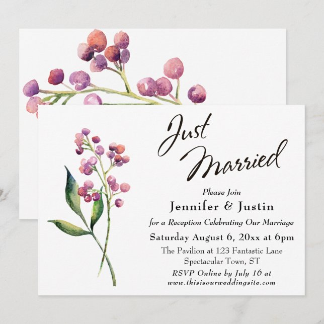 Watercolor Berries & Buds Just Married Typography Invitation (Front/Back)