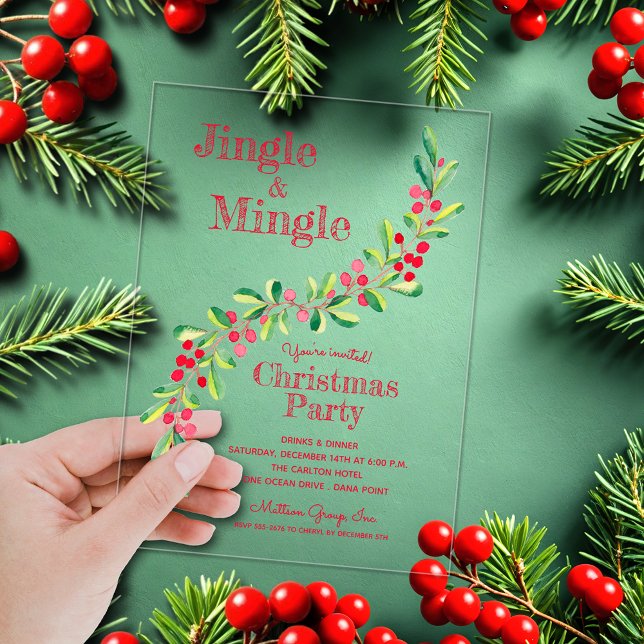 Watercolor Berries Greenery Christmas Acrylic Invitations (Watercolor berries and branches Jingle & Mingle ACRYLIC Christmas party invitations)