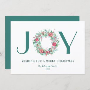 Watercolor Berries & Greenery Christmas JOY Wreath Holiday Card