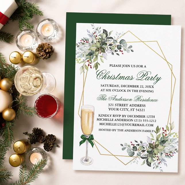 Watercolor Berries Greenery Christmas Party Glass Invitation (Customize to change text color, size, style or to change color of back of card.)