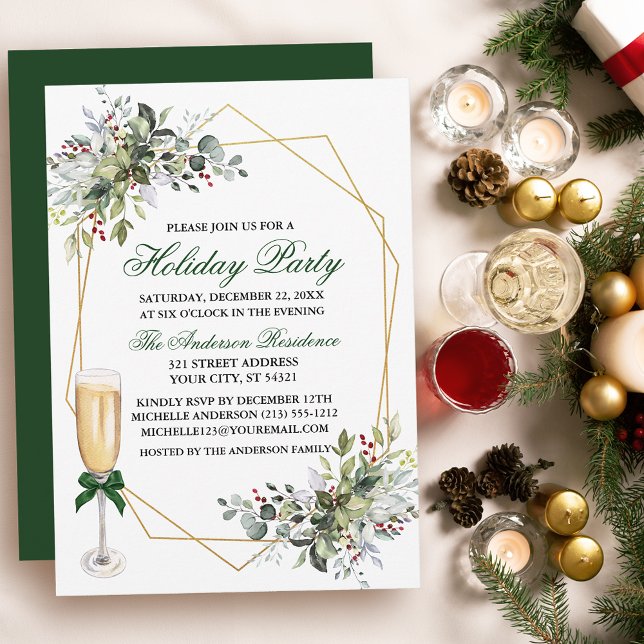 Watercolor Berries Greenery Holiday Party Glass Invitation (Customize to change text color, size, style or to change color of back of card.)