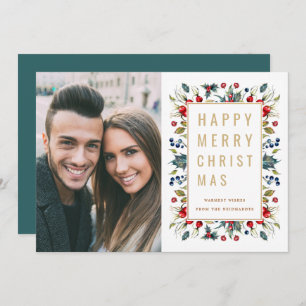 Watercolor Berries Modern Gold Christmas Photo Holiday Card