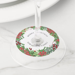 Watercolor berries wreath Merry Christmas family  Wine Glass Tag