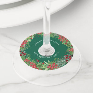Watercolor berries wreath Merry Christmas family Wine Glass Tag