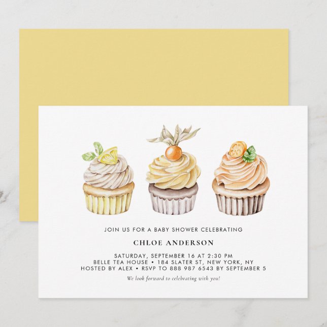 Watercolor Berry and Citrus Cupcakes Baby Shower Invitation (Front/Back)