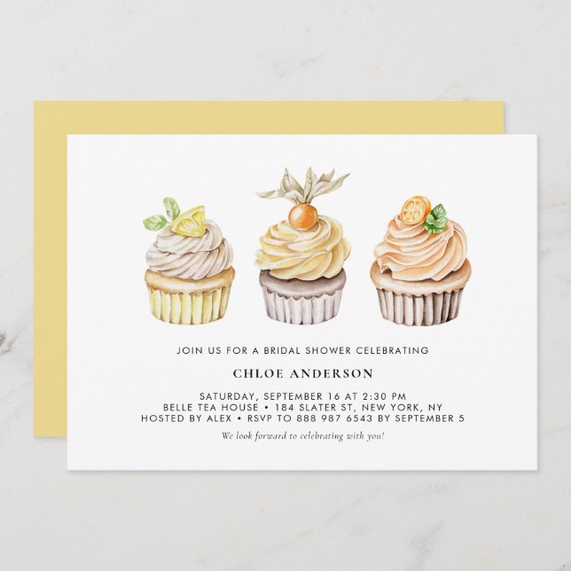 Watercolor Berry and Citrus Cupcakes Bridal Shower Invitation (Front/Back)
