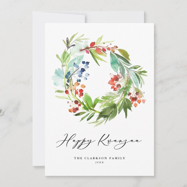 Watercolor Berry and Greenery Wreath Happy Kwanzaa Holiday Card (Front)