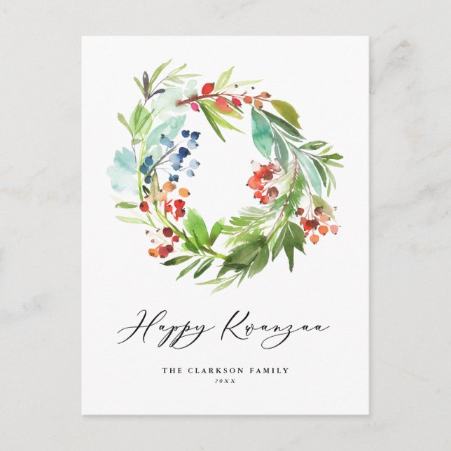 Watercolor Berry and Greenery Wreath Happy Kwanzaa Holiday Postcard (Front)