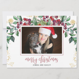 Watercolor Berry Evergreen Holiday Photo Card