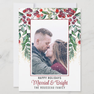 Watercolor Berry Evergreen Married & Bright Holida Holiday Card