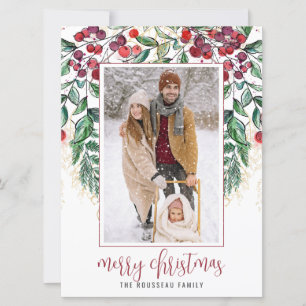 Watercolor Berry Evergreen Merry Christmas Holiday Card