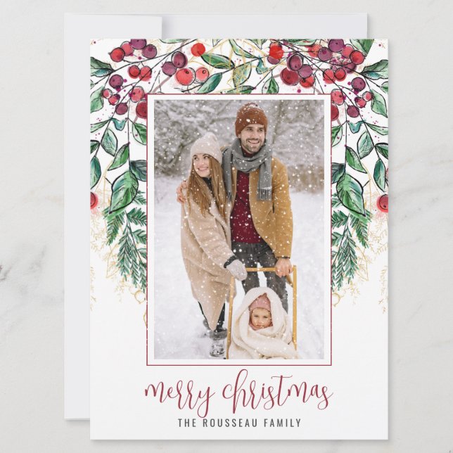 Watercolor Berry Evergreen Merry Christmas Holiday Card (Front)