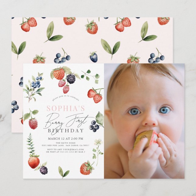 Watercolor Berry First Girl 1st Birthday Photo Invitation (Front/Back)