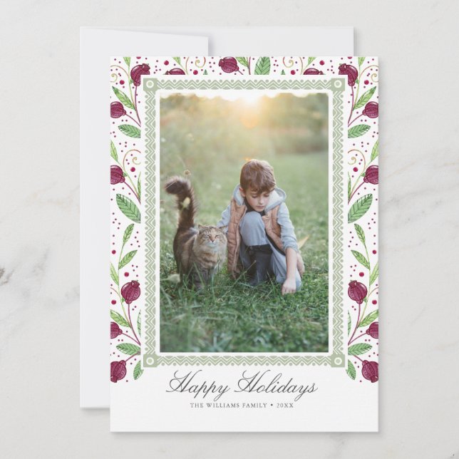 Watercolor Berry Frame Happy Holidays Photo Holiday Card (Front)