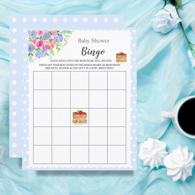 Watercolor Berry Pancake Blue Baby Shower Bingo  (Experience the enchantment of a Watercolor Berry Pancake Blue Gingham-themed Baby Shower.)
