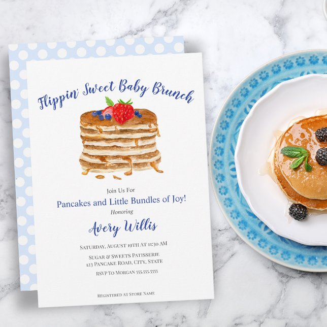 Watercolor Berry Pancake Blue Gingham Baby Shower Invitation (Flippin' Sweet as a cute Baby Shower invitation.)