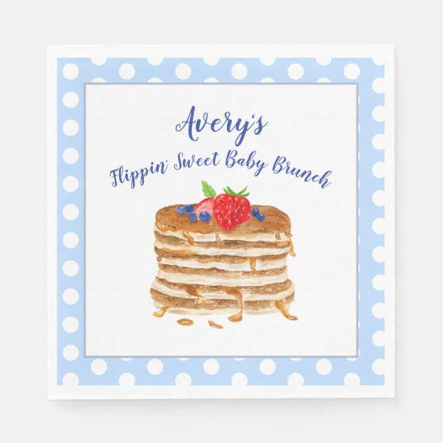 Watercolor Berry Pancake Blue Gingham Baby Shower Napkin (Front)