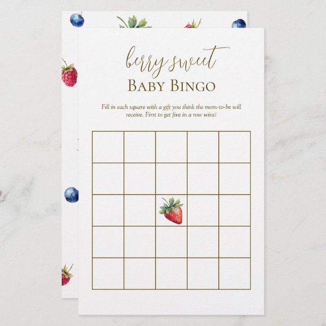 Watercolor Berry Sweet Baby Shower Bingo Game (Front/Back)