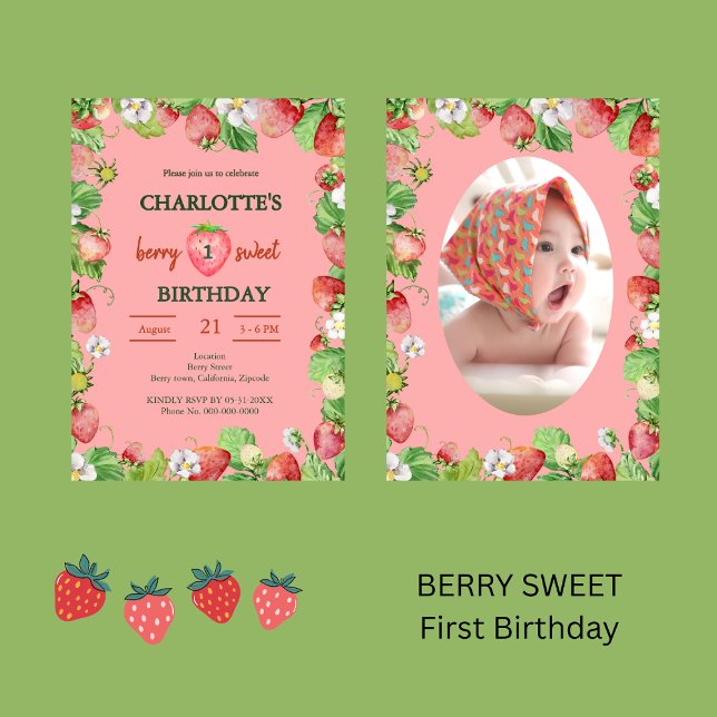 watercolor berry sweet first girls birthday photo invitation (Creator Uploaded)