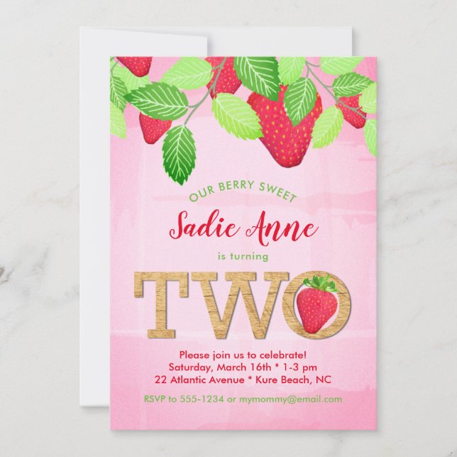 Watercolor Berry Sweet Strawberry 2nd Birthday Invitation (Front)