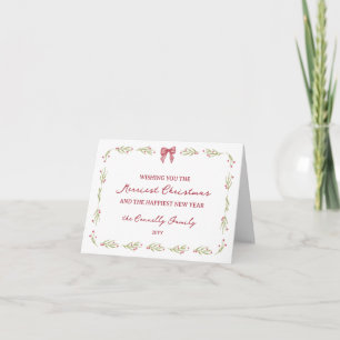 Watercolor Berry Twigs Bow Merriest Christmas Holiday Card