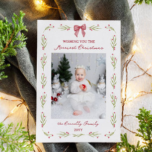 Watercolor Berry Twigs Bow Merriest Christmas Holiday Card