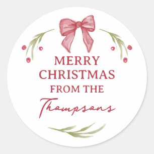 Watercolor Berry Twigs Bow Merry Christmas Classic Round Sticker